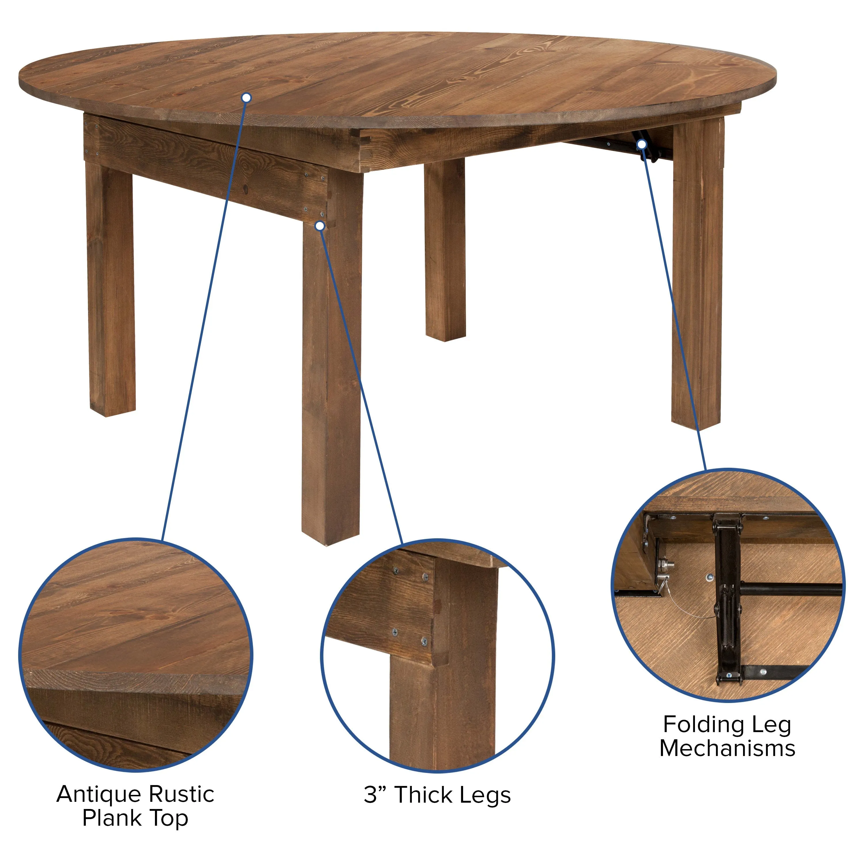 HERCULES Series 60" Round Solid Pine Folding Farm Dining Table Set with 4 Cross Back Chairs and Cushions