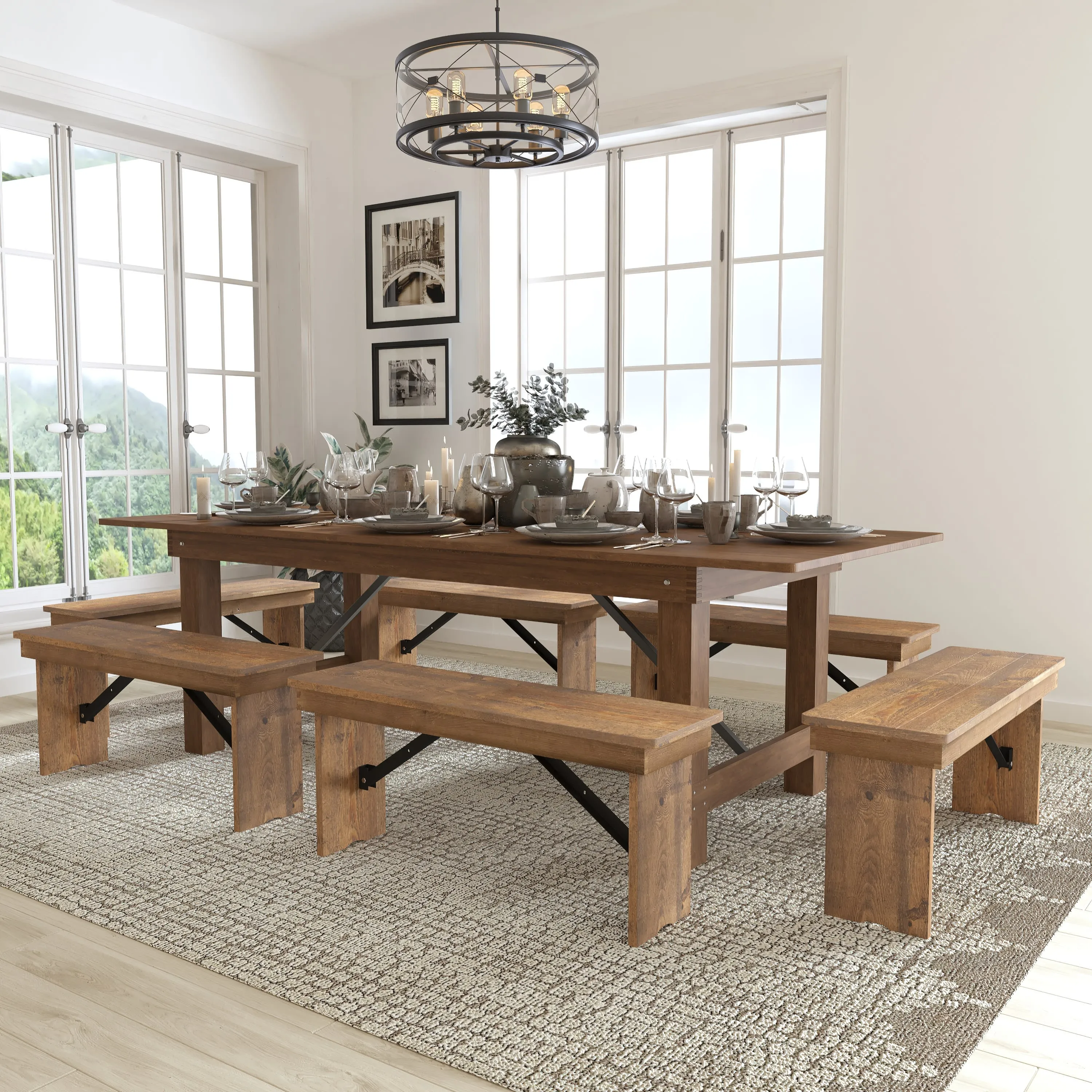 HERCULES Series 8' x 40" Folding Farm Table and Six Bench Set