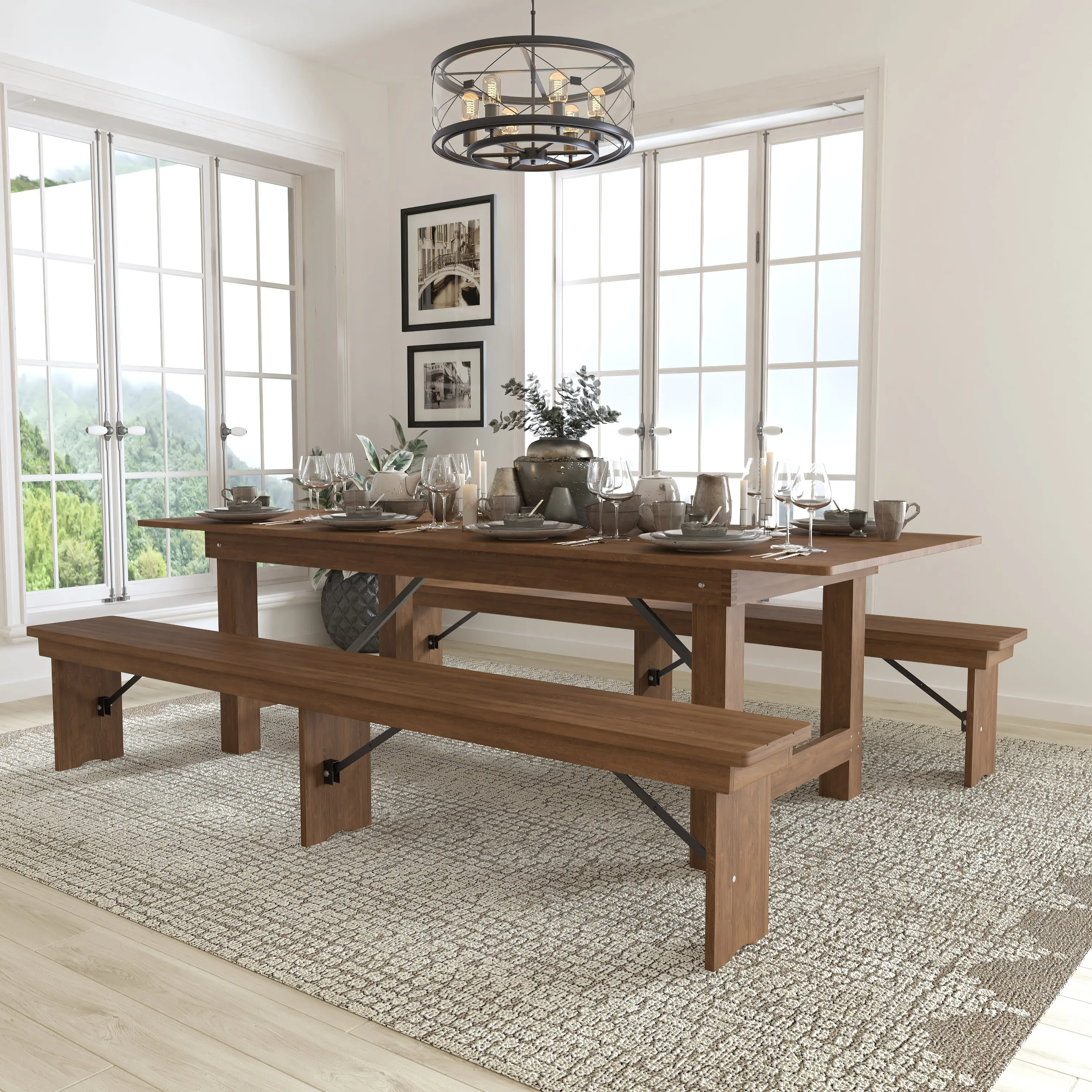 HERCULES Series 8' x 40" Folding Farm Table and Two Bench Set