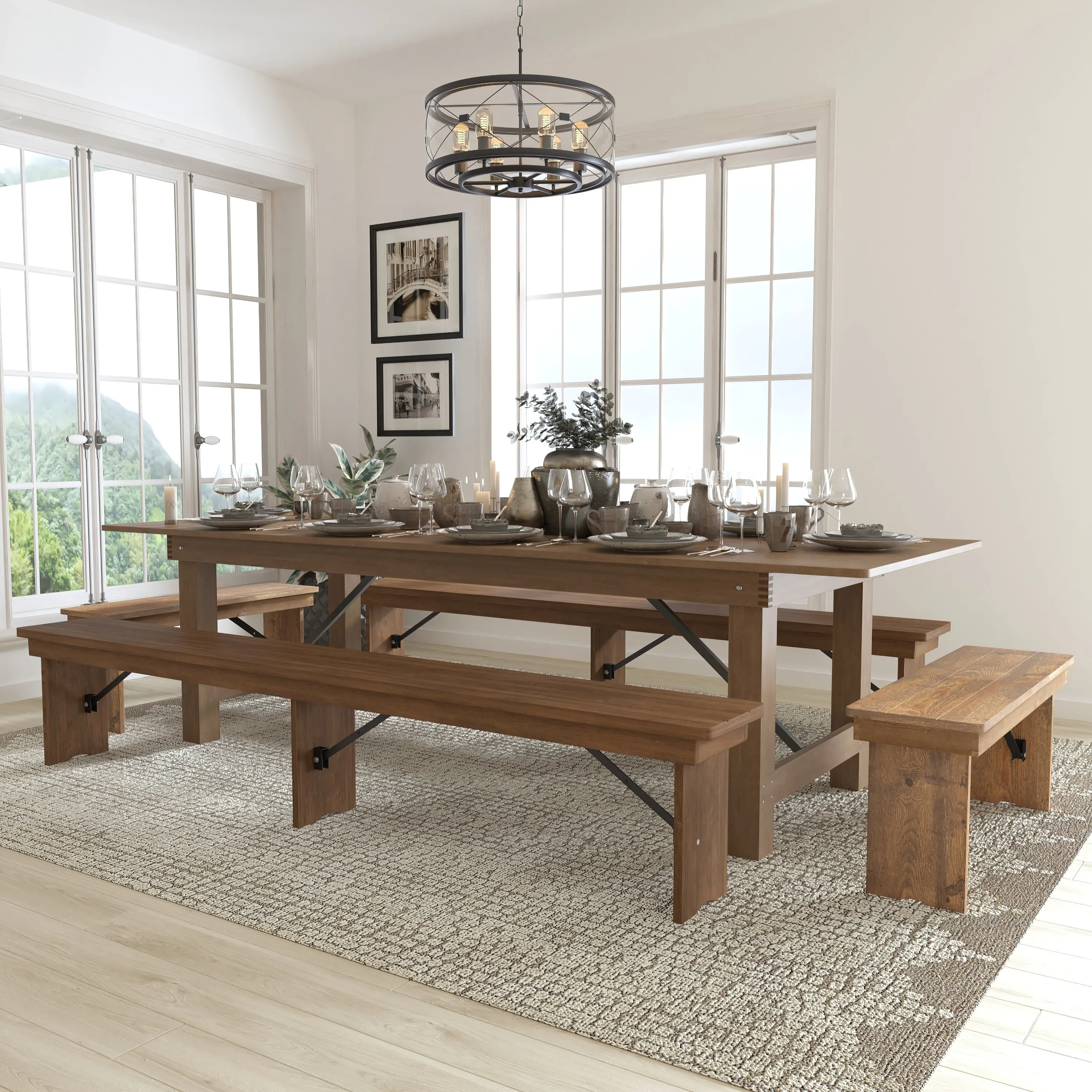 HERCULES Series 9' x 40" Folding Farm Table and Four Bench Set