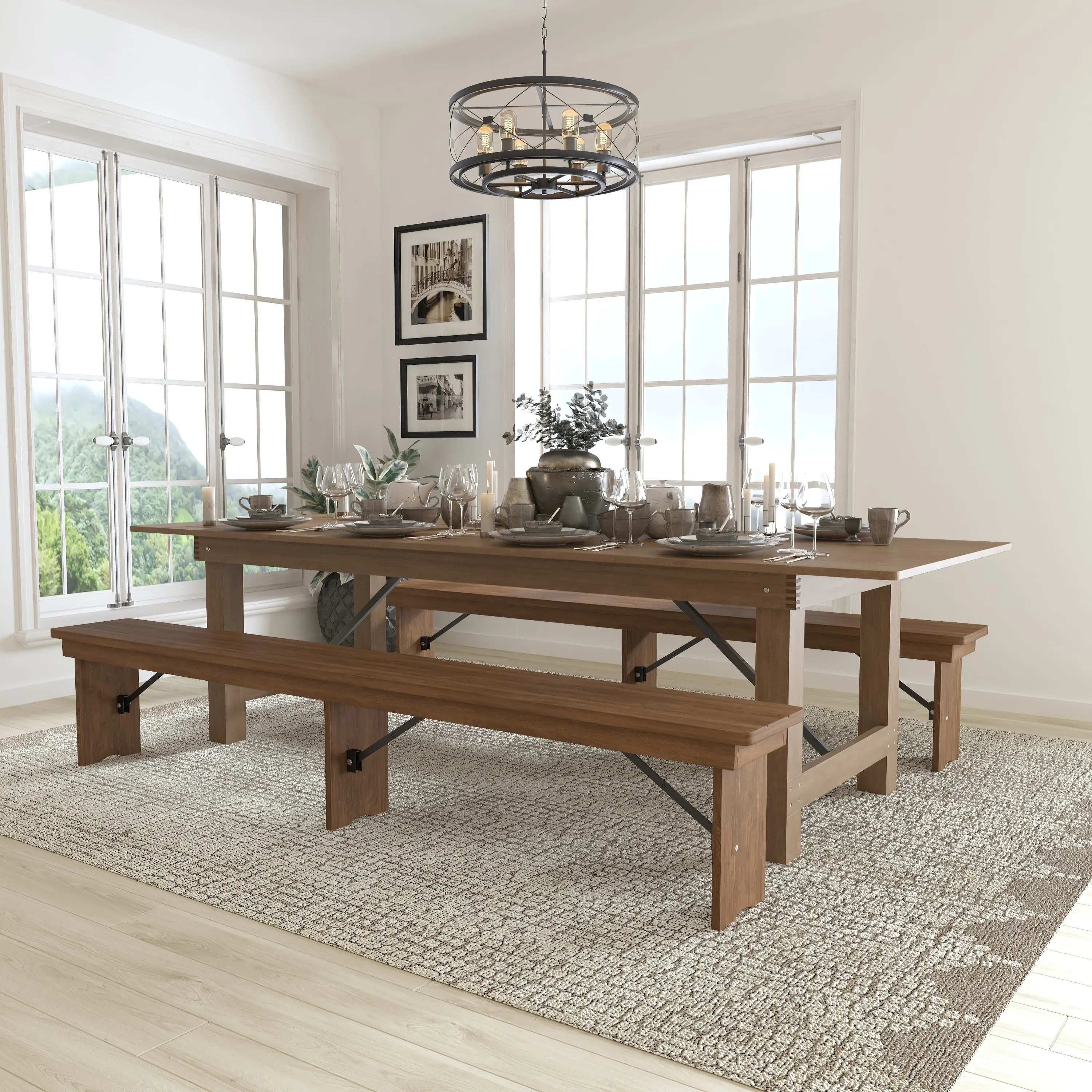 HERCULES Series 9' x 40" Folding Farm Table and Two Bench Set