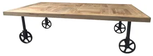 Industrial Chic Wood Coffee Table With Industrial Wheels