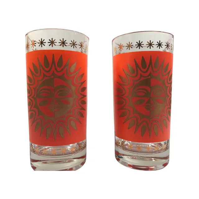 Jeannette Glass Aztec Orange & 22-Karat Gold Sunburst Highball Glasses (Set of 2)