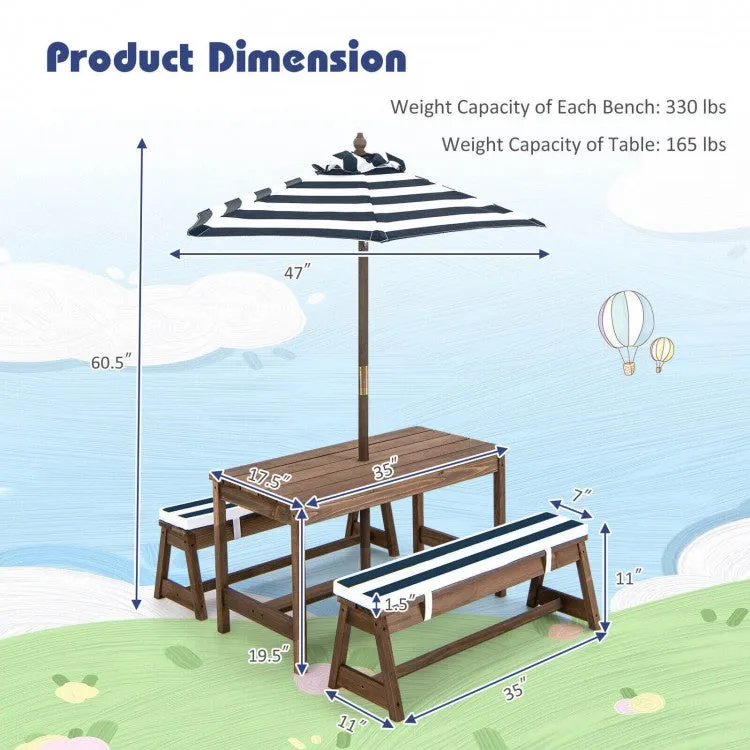 Kids Picnic Table and Bench Set with Cushions and Height Adjustable Umbrella - Blue