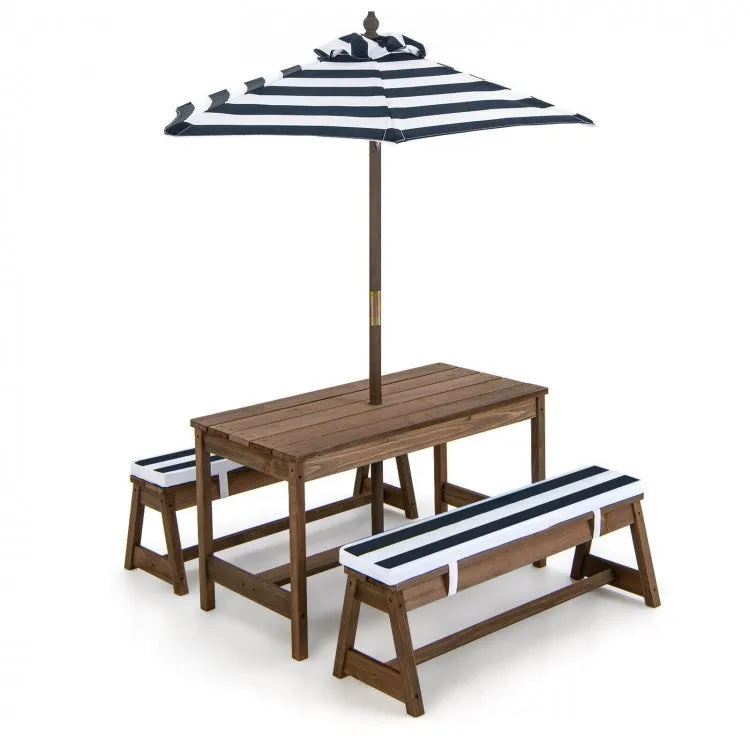 Kids Picnic Table and Bench Set with Cushions and Height Adjustable Umbrella - Blue