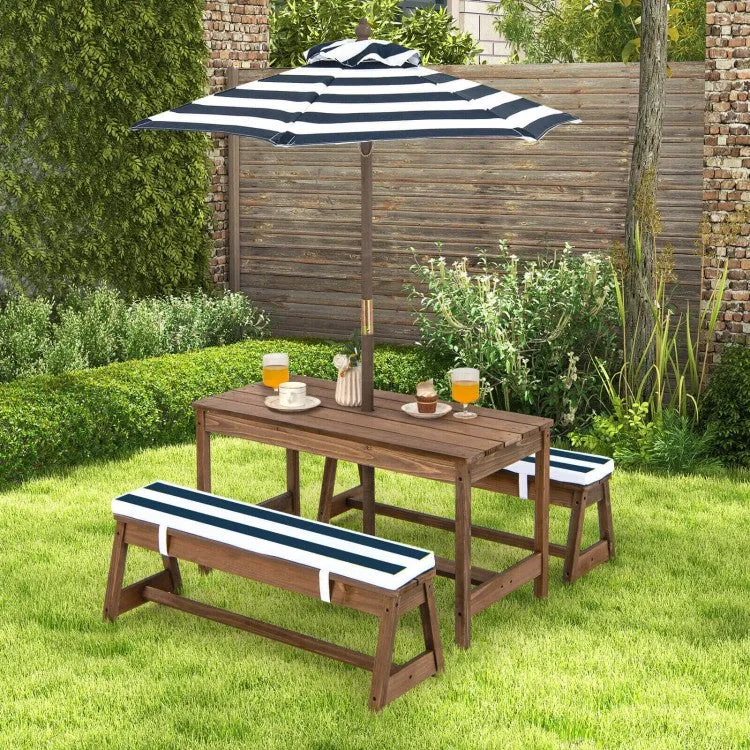 Kids Picnic Table and Bench Set with Cushions and Height Adjustable Umbrella - Blue