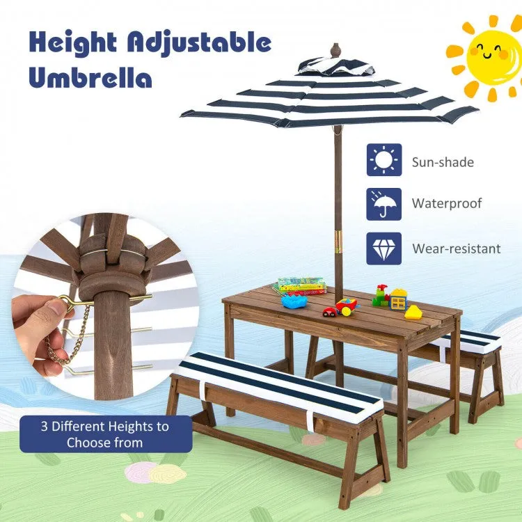 Kids Picnic Table and Bench Set with Cushions and Height Adjustable Umbrella - Blue