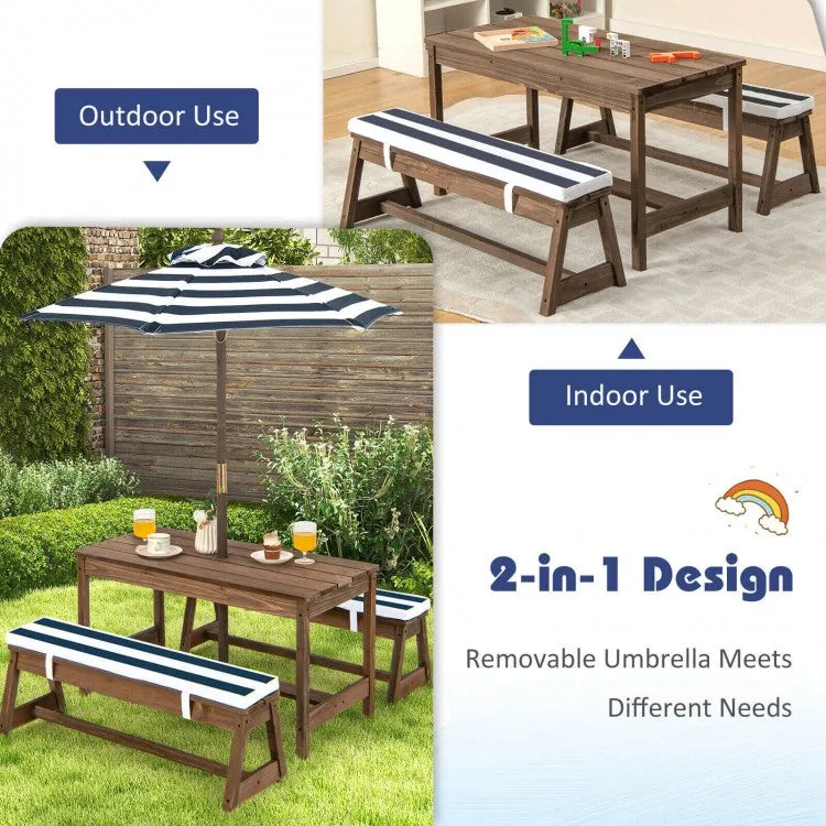 Kids Picnic Table and Bench Set with Cushions and Height Adjustable Umbrella - Blue