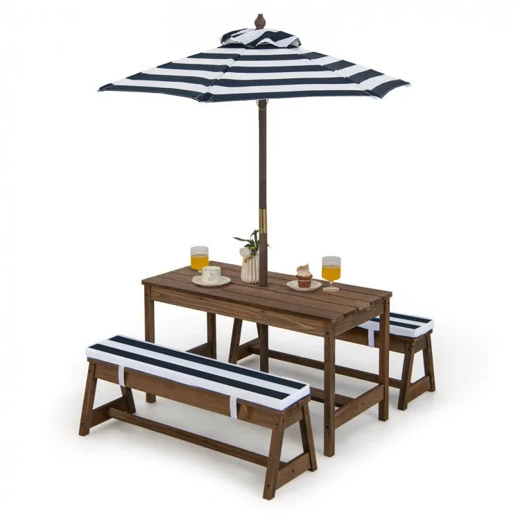 Kids Picnic Table and Bench Set with Cushions and Height Adjustable Umbrella - Blue