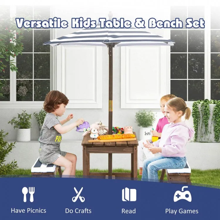 Kids Picnic Table and Bench Set with Cushions and Height Adjustable Umbrella - Blue