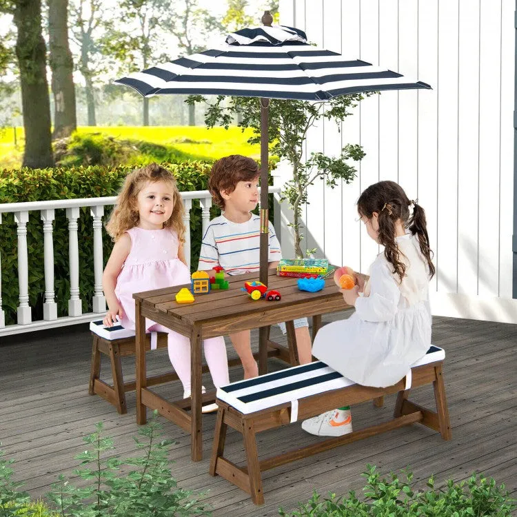 Kids Picnic Table and Bench Set with Cushions and Height Adjustable Umbrella - Blue