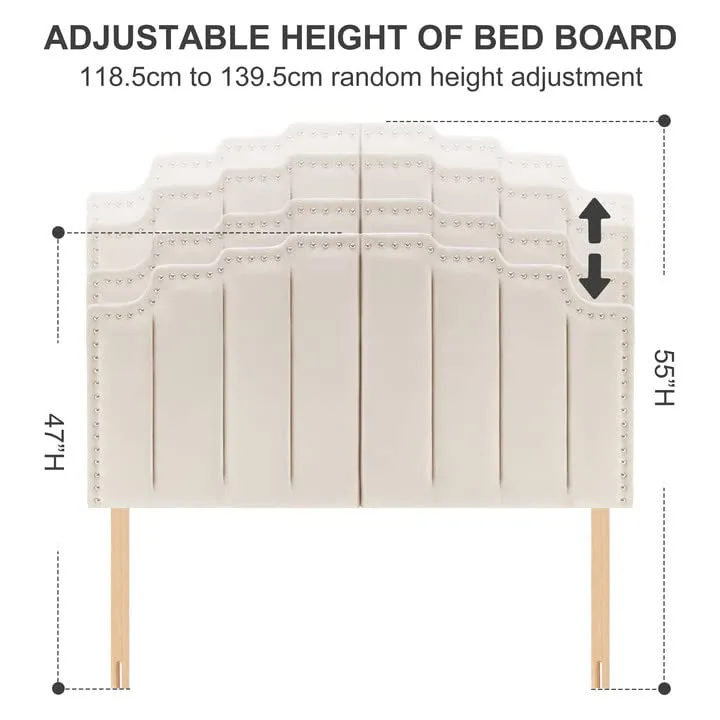 Kingfun Mid Century Headboard for Queen Size Bed, Velvet Upholstered Tufted Bed Headboard with Nailhead Decor, Adjustable Curved Solid Wood Head Board Vertical Channel Design (Medium Beige)