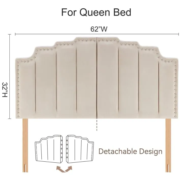 Kingfun Mid Century Headboard for Queen Size Bed, Velvet Upholstered Tufted Bed Headboard with Nailhead Decor, Adjustable Curved Solid Wood Head Board Vertical Channel Design (Medium Beige)