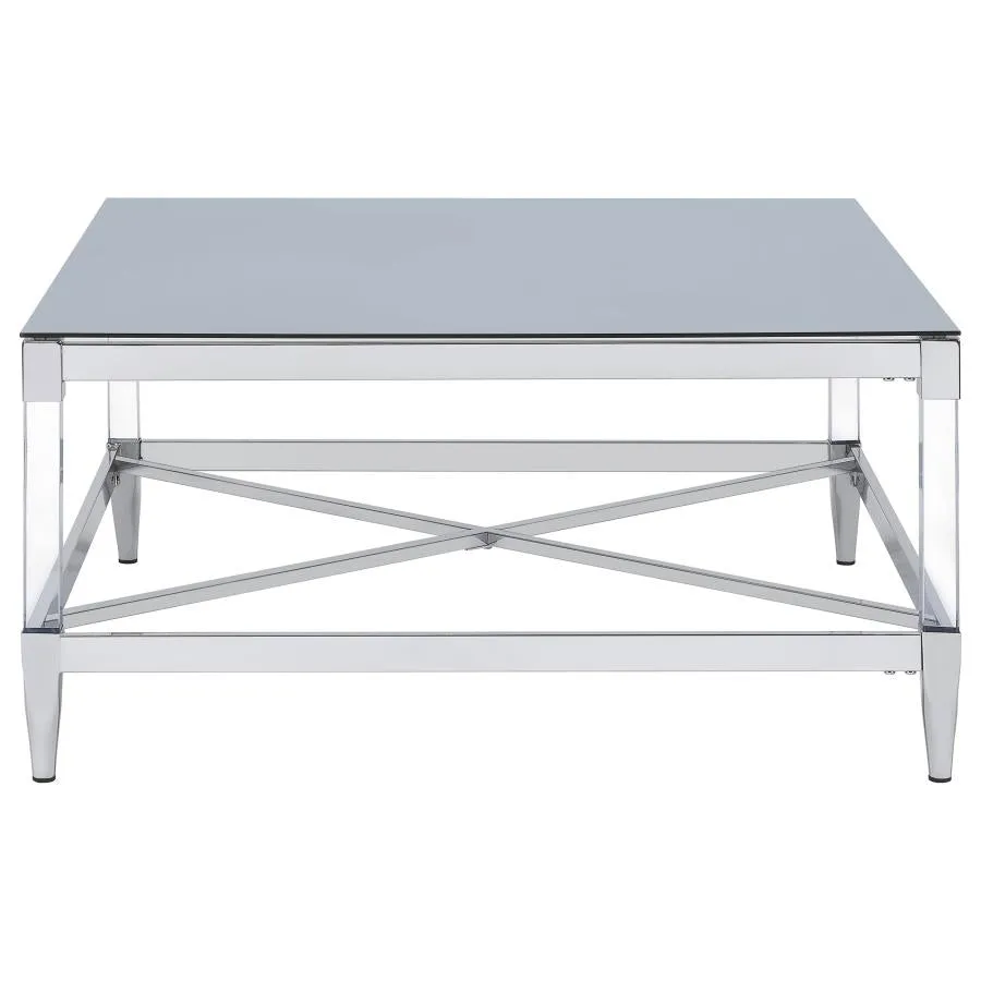 Lindley Square Coffee Table with Acrylic Legs and Tempered Mirror Top Chrome