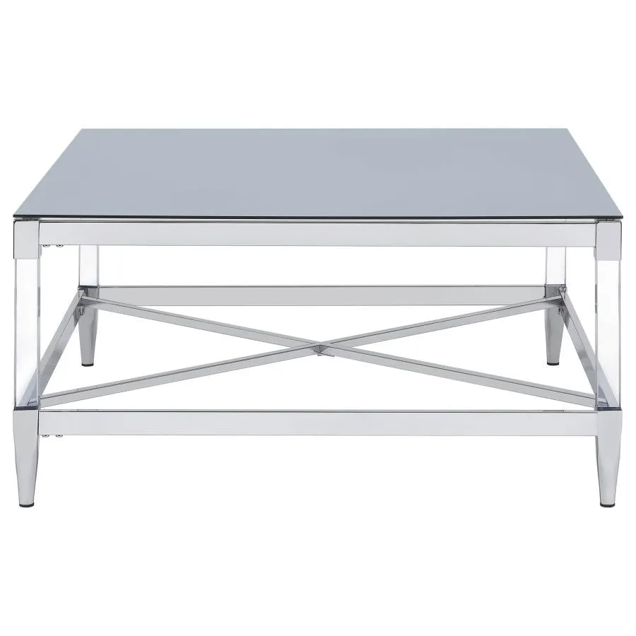 Lindley Square Coffee Table with Acrylic Legs and Tempered Mirror Top Chrome