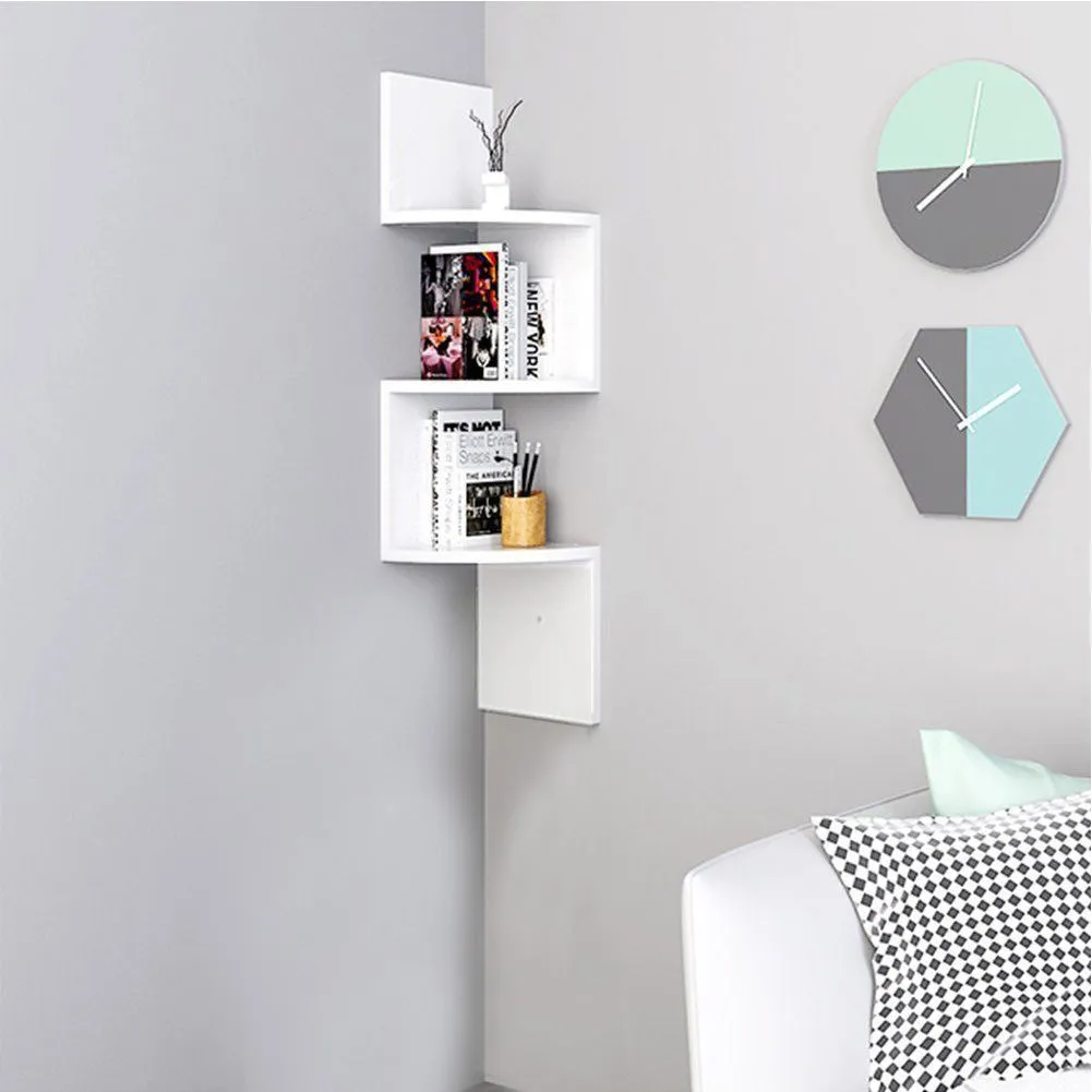 Living Room White Corner Shelves Wall Mounted Zigzag Floating Shelves