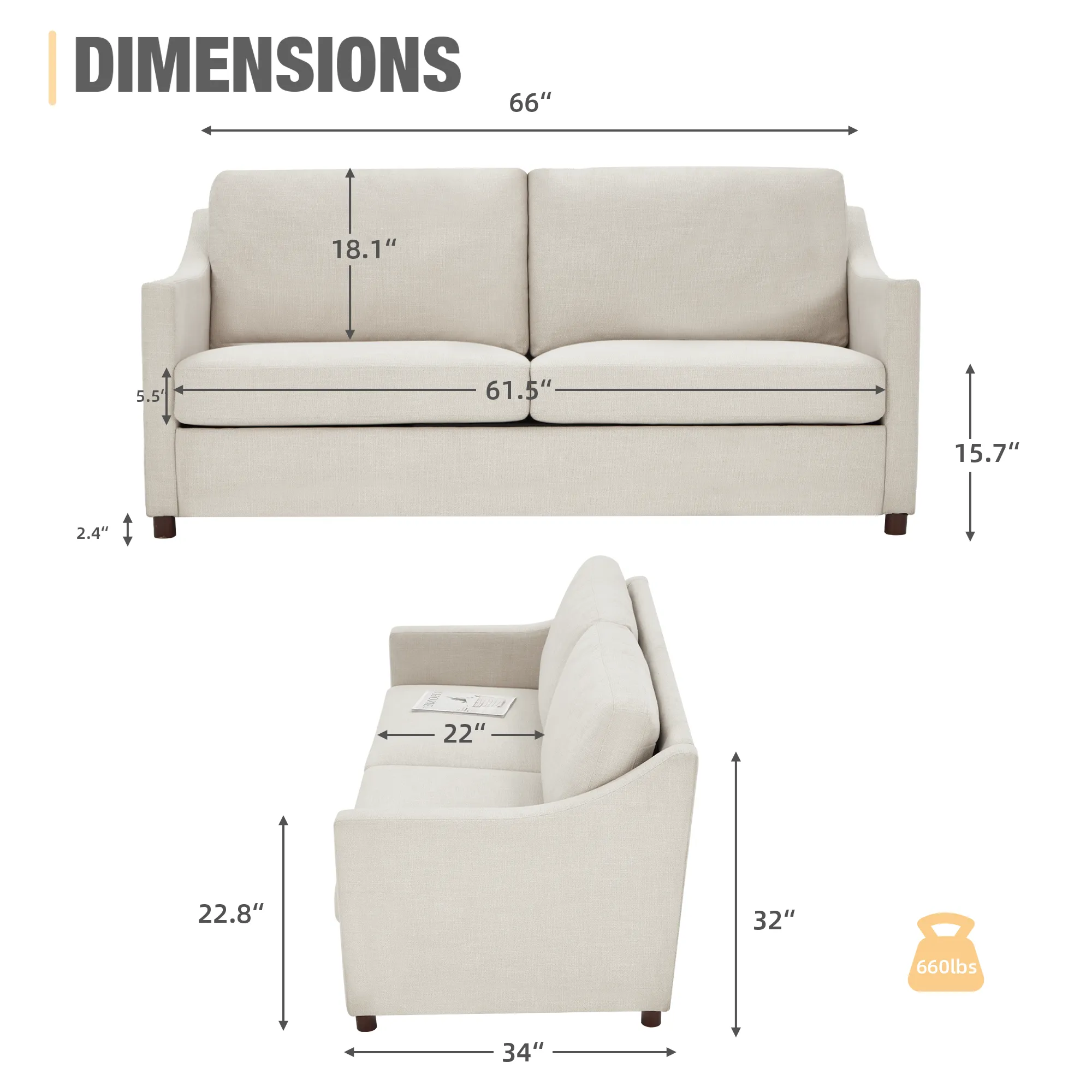 Loveseat Sofa, Upholstered Couch with Removable Cover for Living Room, Beige