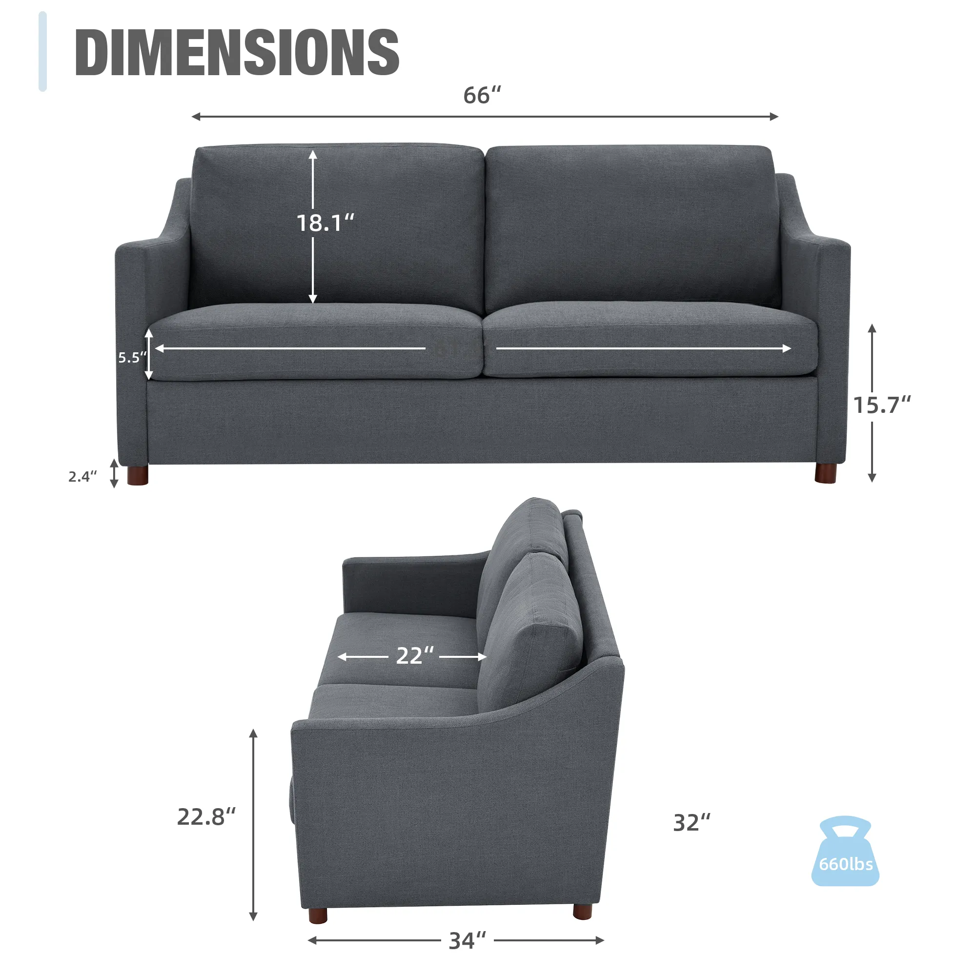 Loveseat Sofa, Upholstered Couch with Removable Cover for Living Room, Gray