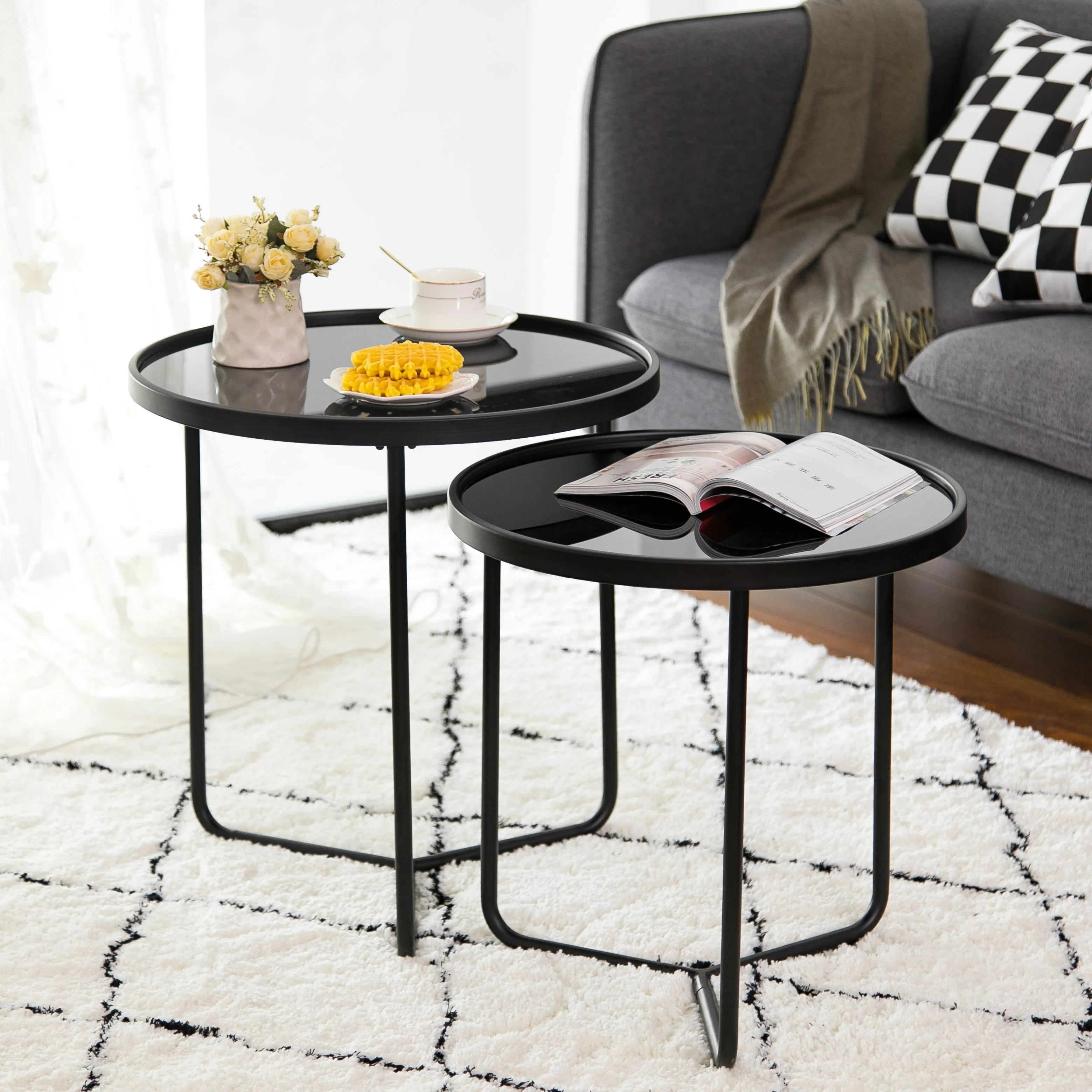 Messina Set of 2 Round Nesting Tables/Side Tables,Black/Black