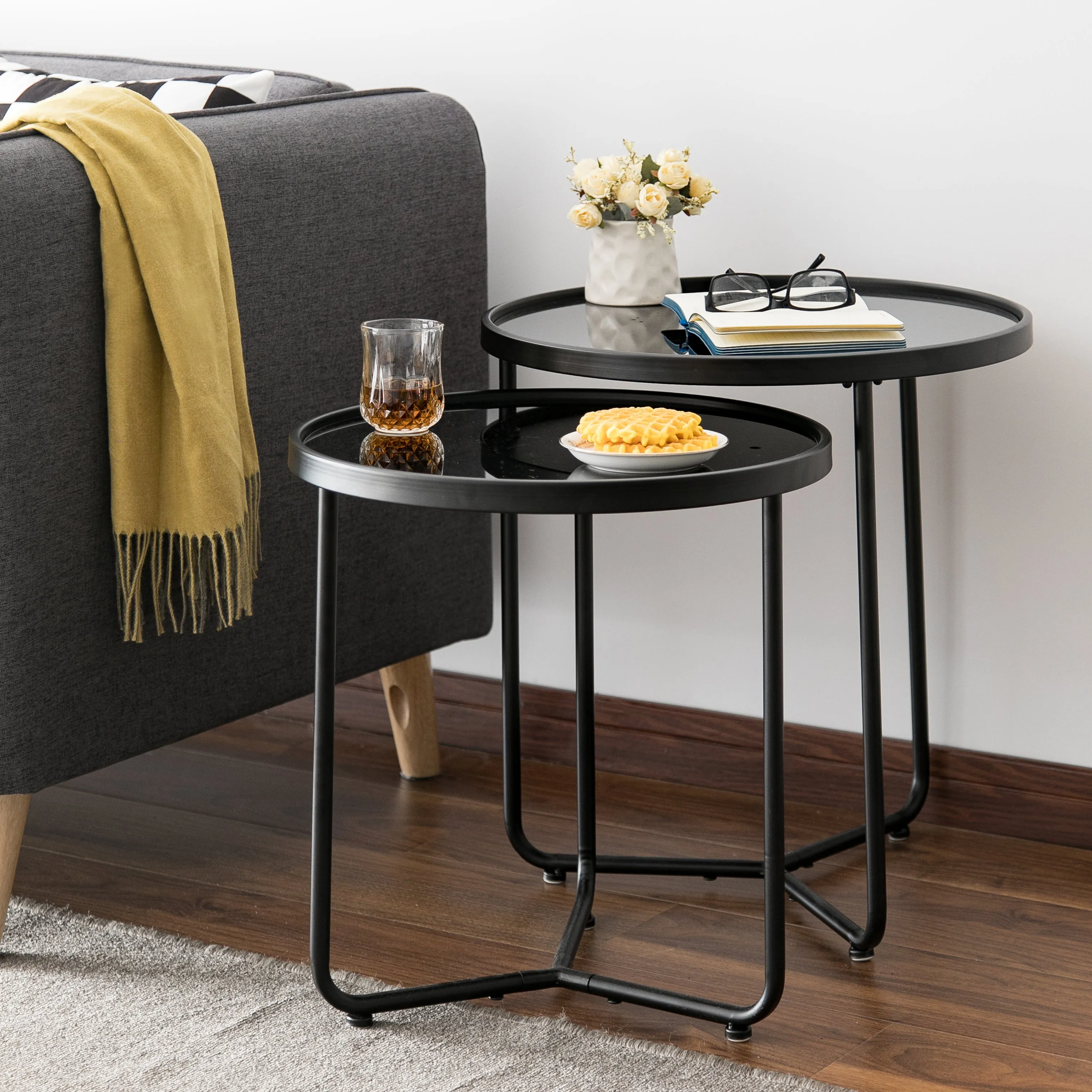 Messina Set of 2 Round Nesting Tables/Side Tables,Black/Black