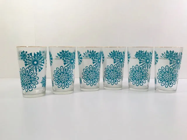 Mid-Century Atomic Turquoise Flower and Frosted White 7-Piece Cocktail Set