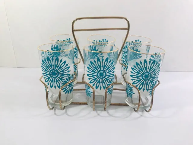 Mid-Century Atomic Turquoise Flower and Frosted White 7-Piece Cocktail Set