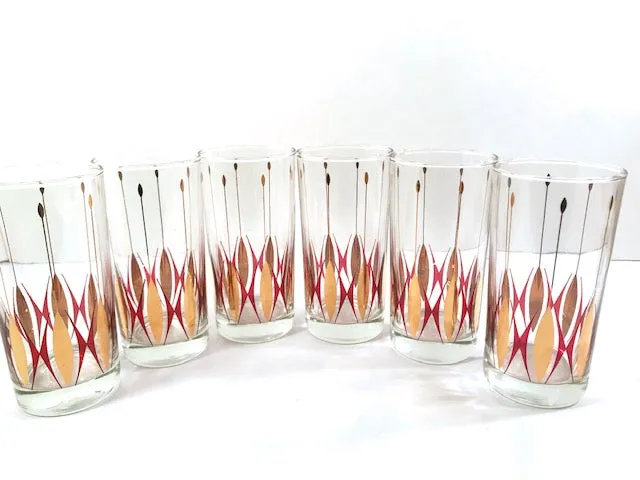 Mid-Century Cranberry and Gold Deco Glasses (Set of 6)