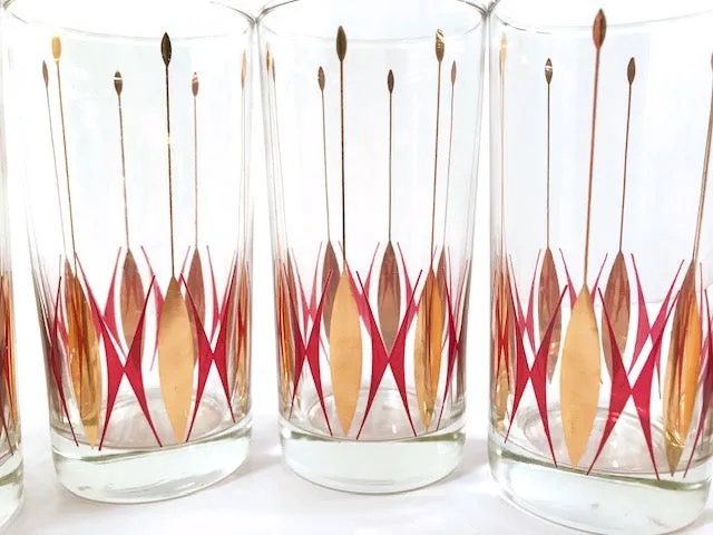 Mid-Century Cranberry and Gold Deco Glasses (Set of 6)