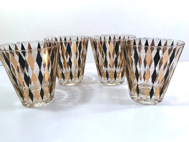 Mid-Century Gold and Black Harlequin Double Old Fashion Glasses (Set of 4)