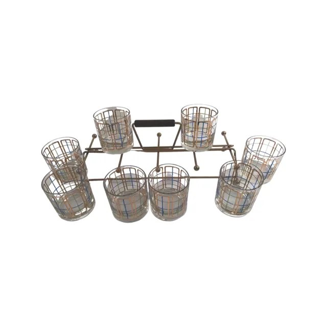 Mid-Century Gold Blue Green 9 Piece Bar Set