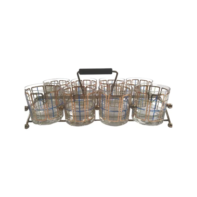 Mid-Century Gold Blue Green 9 Piece Bar Set