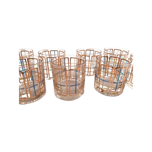 Mid-Century Gold Blue Green 9 Piece Bar Set