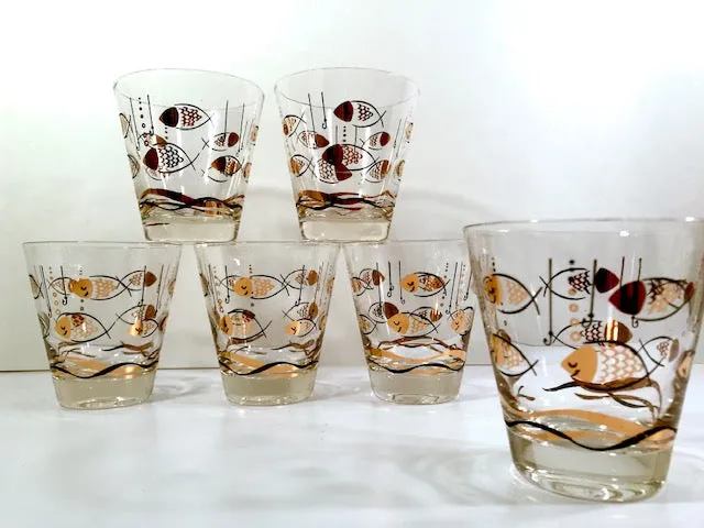 Mid-Century Here Fishy Fishy Double Old Fashion Glasses (Set of 6)