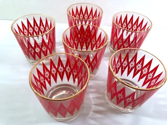 Mid-Century Red Starburst Glasses (Set of 6)