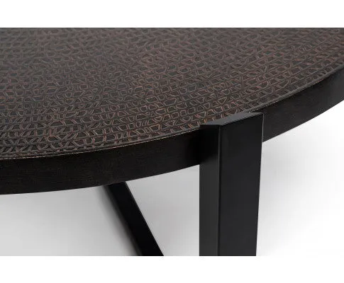 Modern Black Round Coffee Table with Copper Finish Engraved Top