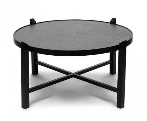 Modern Black Round Coffee Table with Copper Finish Engraved Top