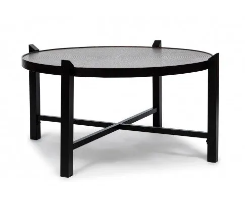 Modern Black Round Coffee Table with Copper Finish Engraved Top