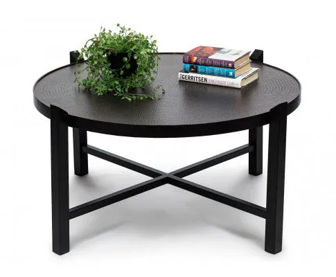 Modern Black Round Coffee Table with Copper Finish Engraved Top