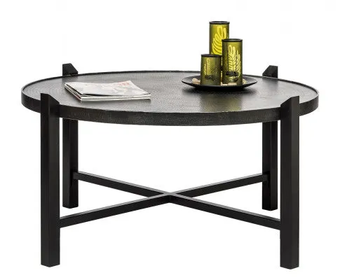 Modern Black Round Coffee Table with Silver Finish Engraved Top