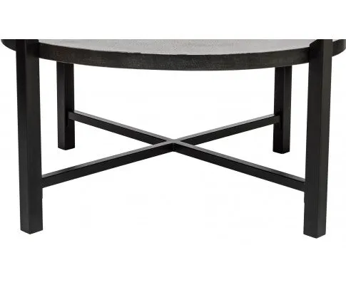 Modern Black Round Coffee Table with Silver Finish Engraved Top