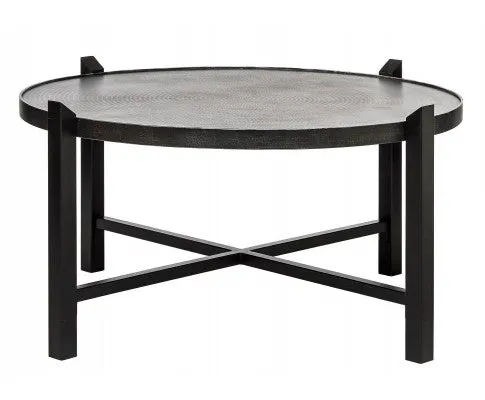 Modern Black Round Coffee Table with Silver Finish Engraved Top