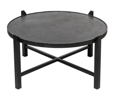 Modern Black Round Coffee Table with Silver Finish Engraved Top