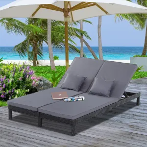 Outsunny Garden Double Rattan Sun Lounger Companion Reclining Recliner Wicker Weave Patio Outdoor Furniture Cushioned - Black