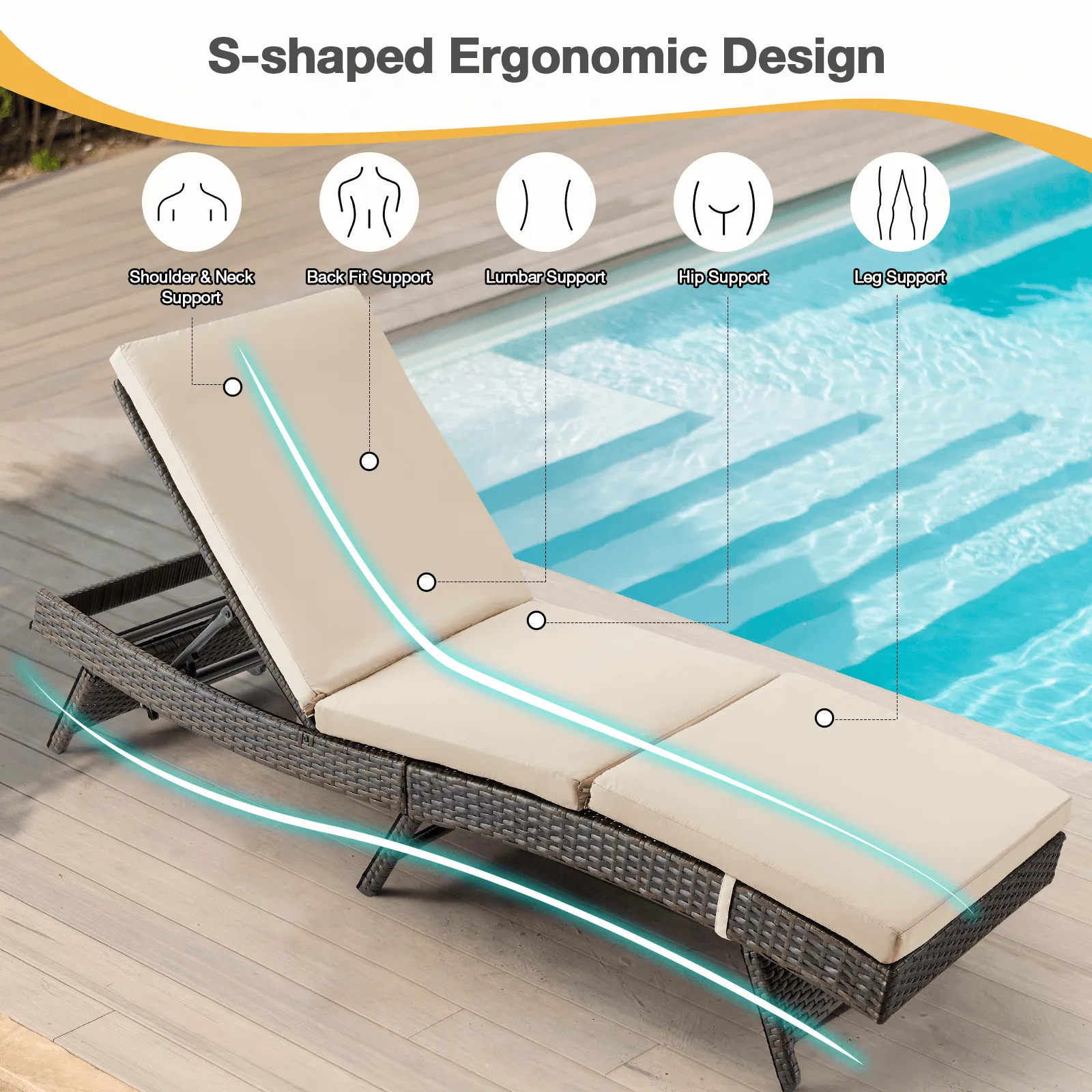 Patio Chaise Lounge Chairs Adjustable Poolside Loungers Sunlounger w/ Beige Cushion