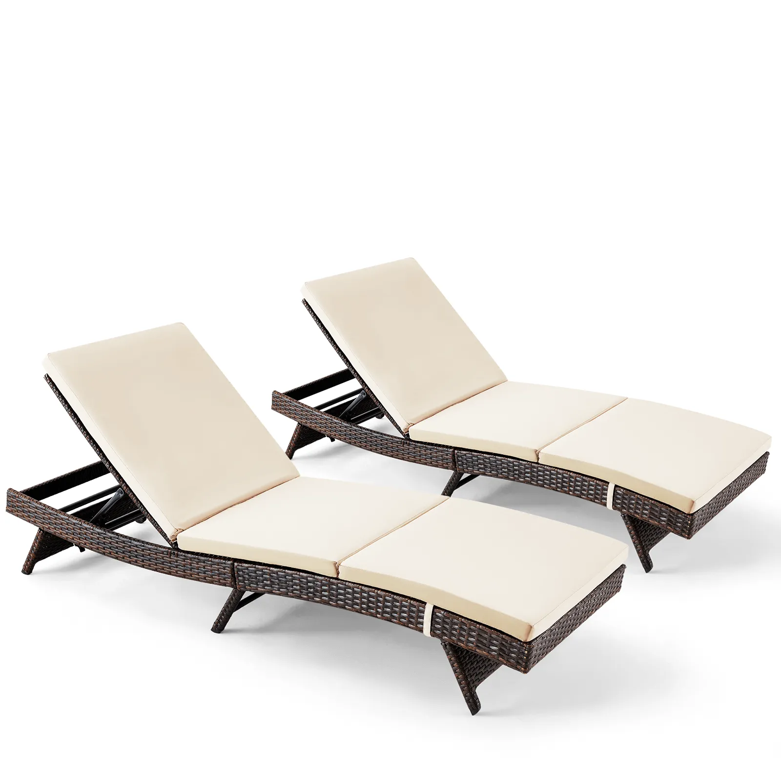 Patio Chaise Lounge Chairs Adjustable Poolside Loungers Sunlounger w/ Beige Cushion