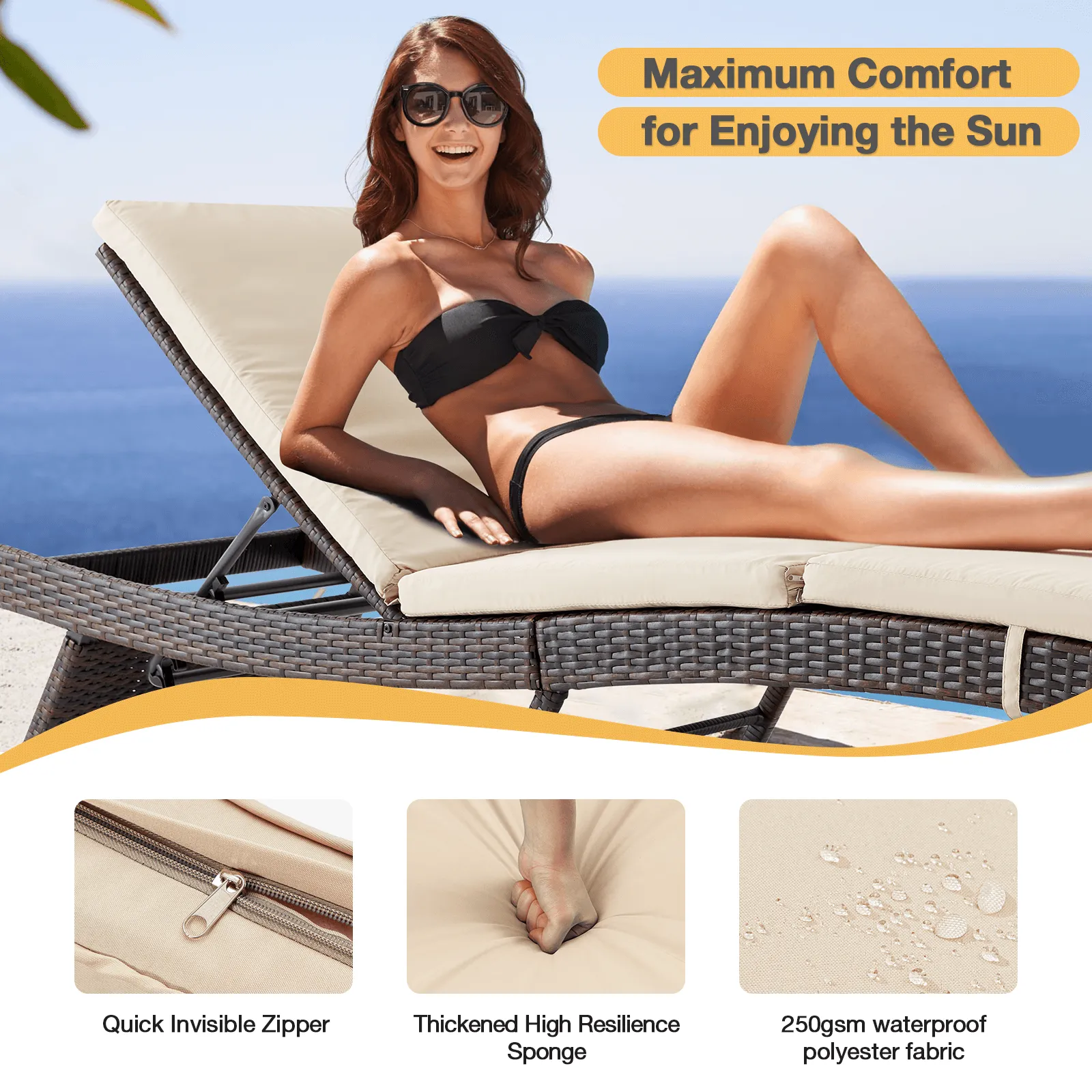 Patio Chaise Lounge Chairs Adjustable Poolside Loungers Sunlounger w/ Beige Cushion