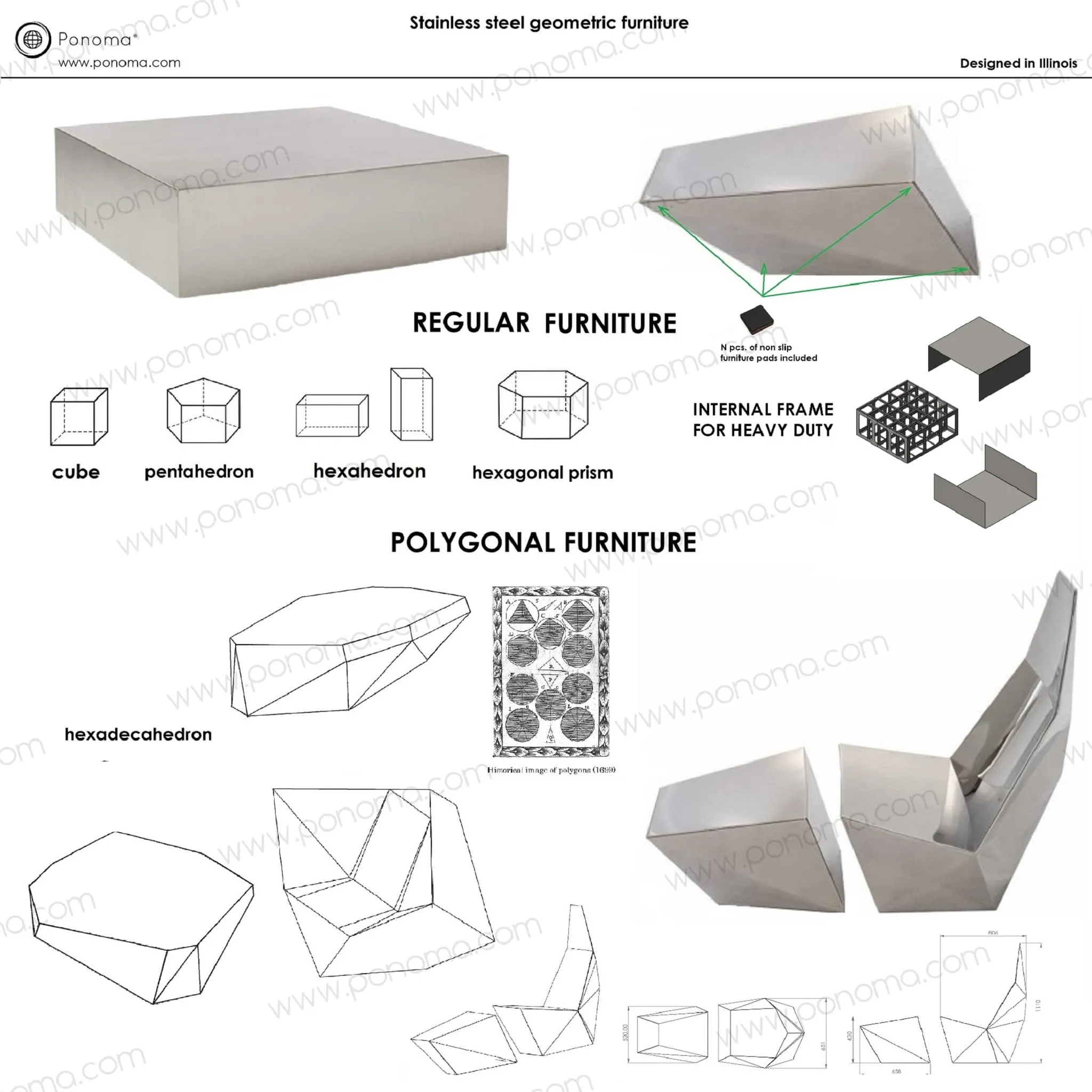 Polygonal furniture Ponoma®: coffee tables, poufs, stools, benches, etc.