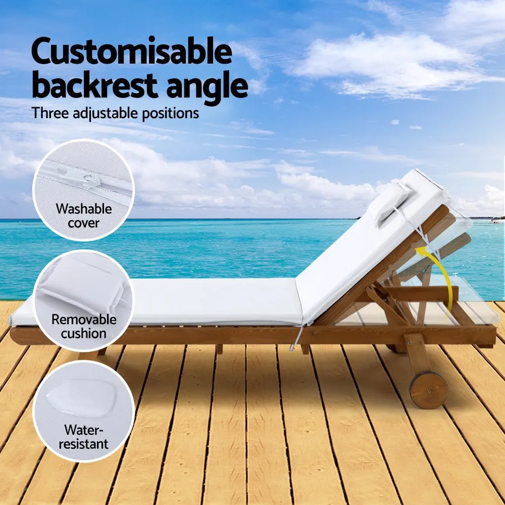 Set of 2 Wooden Sun Loungers Wheel Patio White