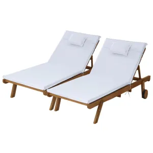 Set of 2 Wooden Sun Loungers Wheel Patio White