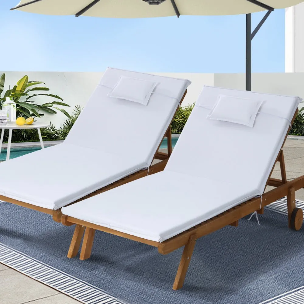 Set of 2 Wooden Sun Loungers Wheel Patio White